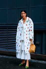 bettina looney, camel bag, floral, flowers, graphic jacket, green shoes, high heels, leather bag, leather shoes, printed jacket, white coat, white dress, LONDON, LFW, fashion week, frenchystyle, FW, jonathan paciullo, street style, AUTUMN WINTER 2019-2020, AW 19-20, FW 19-20, FALL WINTER 2019-2020, vertical, full length