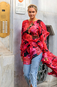 nina suess, plaited hair, multi necklace, chain necklace, charms necklace, floral printed blouse, red blouse, pink blouse, ruffle blouse, light blue jeans, split pants, drape blouse, fashion week, frenchystyle, FW, jonathan paciullo, street style, vertical, atmosphere details, detail, MFW, MILAN, SPRING SUMMER 2020, SS 20