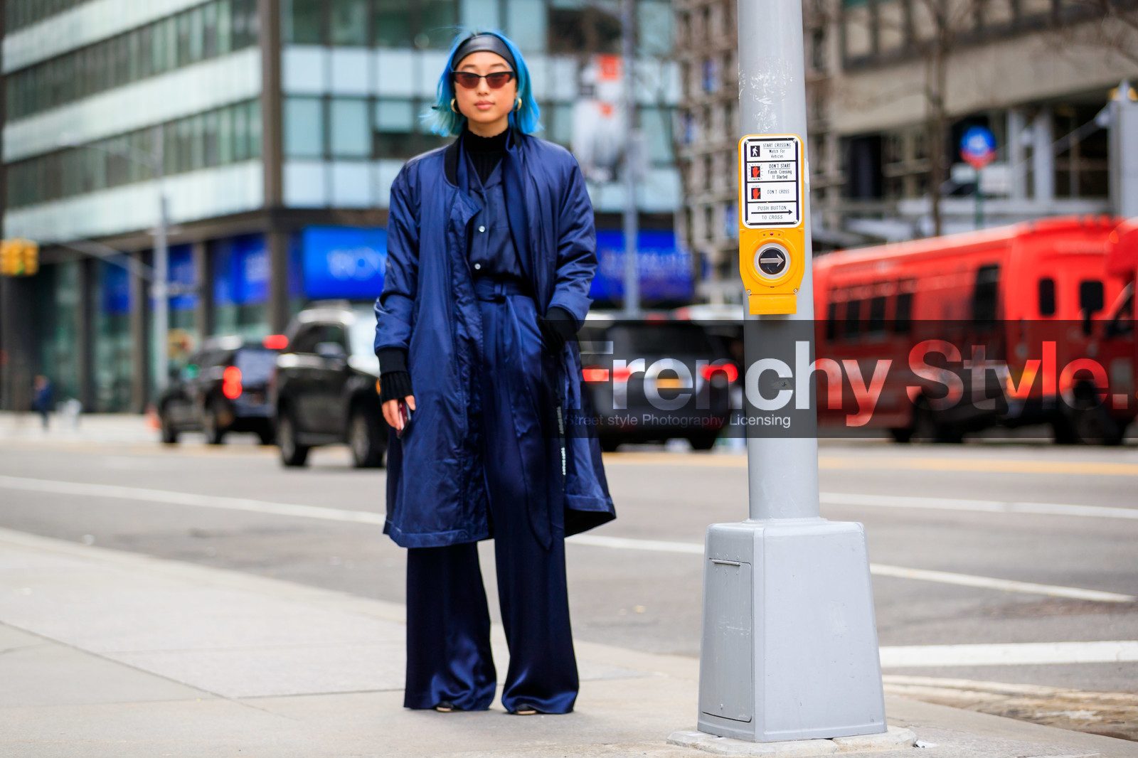 blue hair, blue shirt, dyed hair, earrings, headband, Margaret Zhang, navy coat, navy pant, sunglasses, tone on tone, total look blue, total look navy, trousers, street style, jonathan paciullo, frenchystyle, NYFW, NEW YORK, AUTUMN WINTER 2019-2020, AW 19-20, FALL WINTER 2019-2020, FW 19-20, FW, fashion week, atmosphere details, horizontal, full length