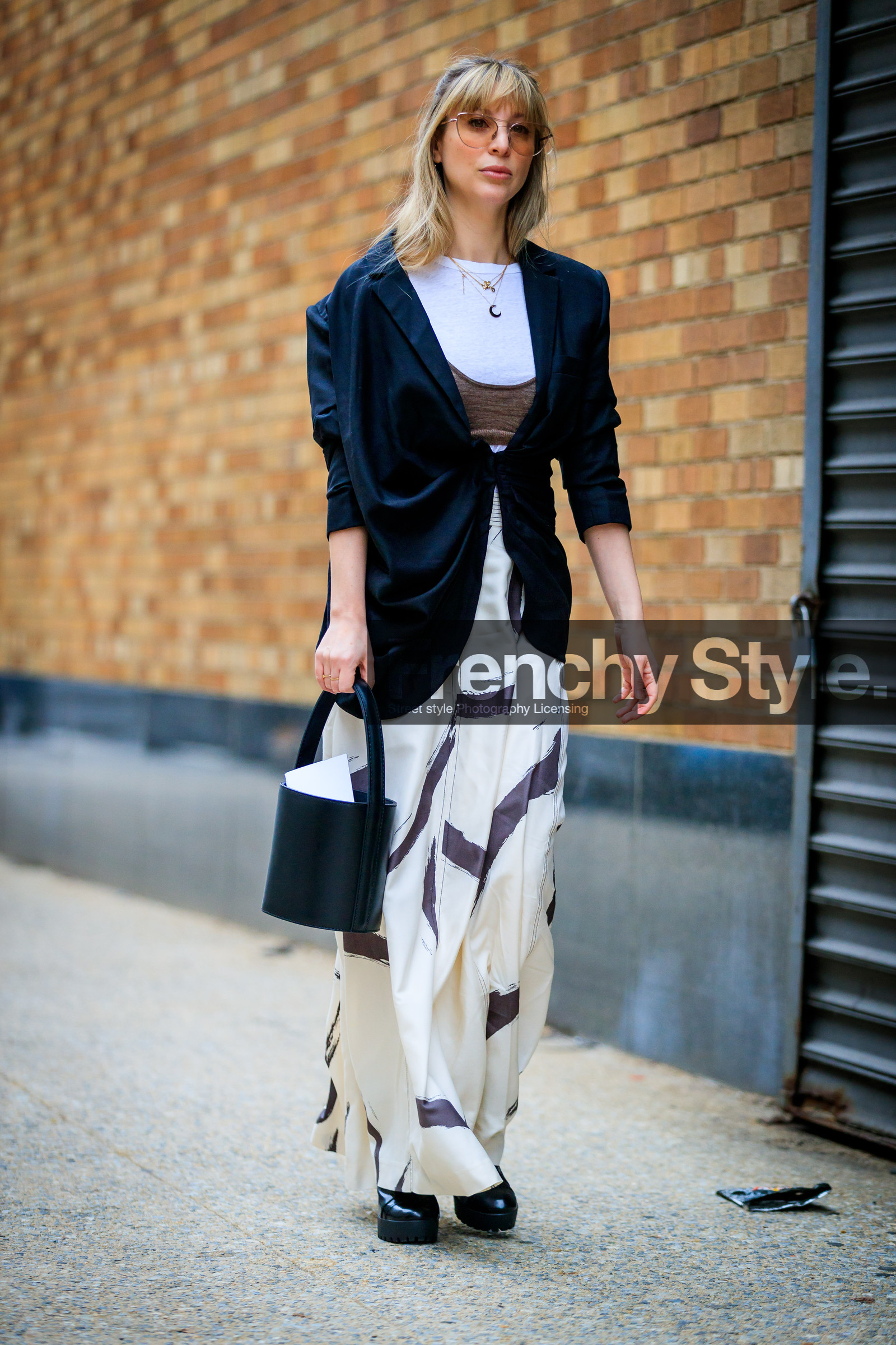 black bag, black jacket, black shoes, blazer, graphic dress, jacquemus, leather bag, leather shoes, long skirt, printed dress, printed skirt, sunglasses, white skirt, white t shirt, zimmerman, street style, jonathan paciullo, FW, frenchystyle, fashion week, NYFW, NEW YORK, AUTUMN WINTER 2018-2019, AW 18-19, FALL WINTER 2018-2019, FW 18-19, vertical, full length, kerry pieri