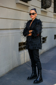 evangelie smyrniotaki, celine sunglasses, hoop earrings, multi earrings, golden earrings, black jacket, feather details, feather details jacket, strassed jacket, black total look, black pants, black leather boots, chelsea boots, fashion week, frenchystyle, FW, jonathan paciullo, street style, vertical, full length, MFW, MILAN, SPRING SUMMER 2020, SS 20