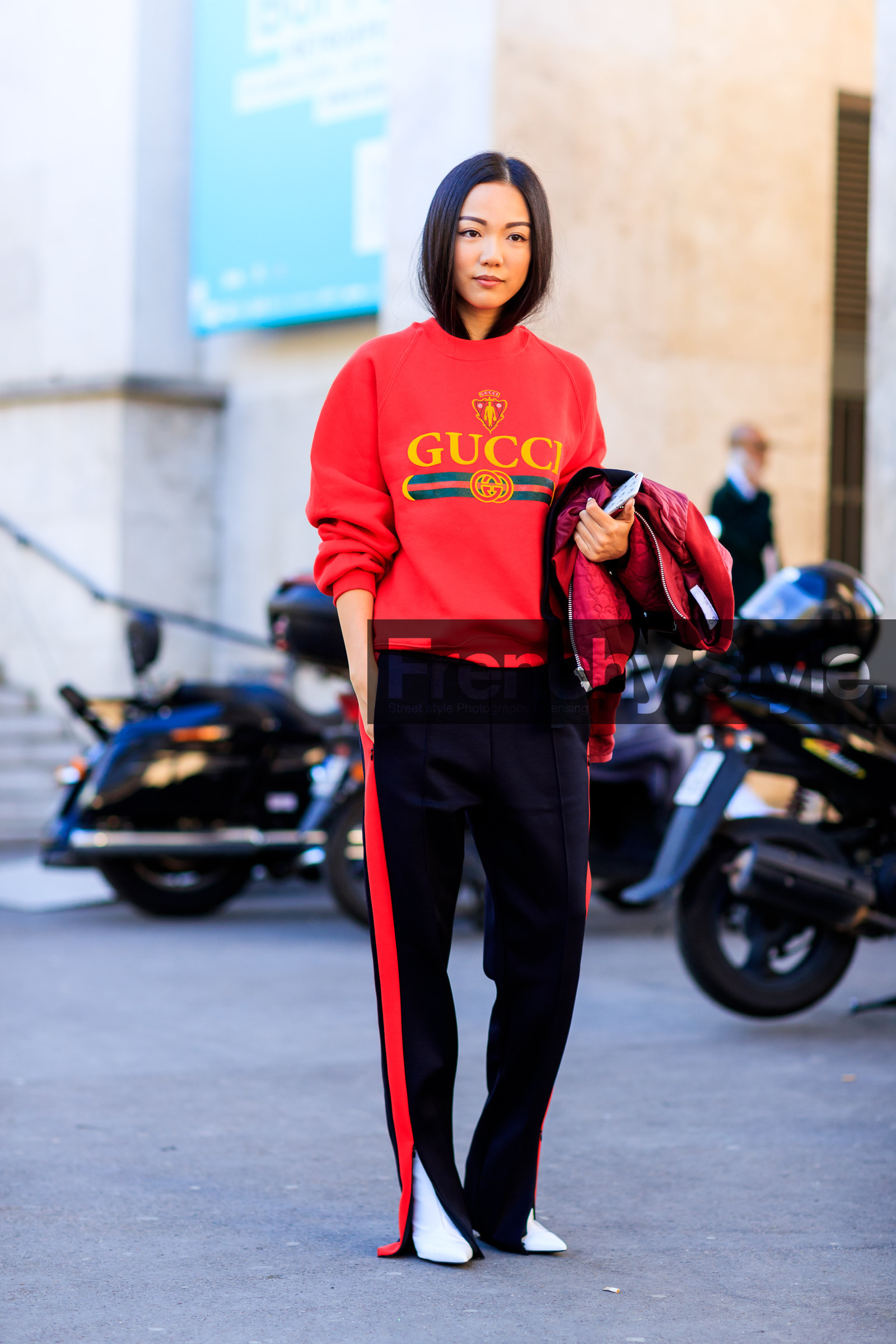 black pants, fashion week, frenchystyle, full length, FW, gucci, jonathan paciullo, leather shoes, PARIS, PFW, printed sweater, red jacket, red sweater, SPRING SUMMER 2017, SS 17, street style, trousers, vertical, white shoes, yoyo cao