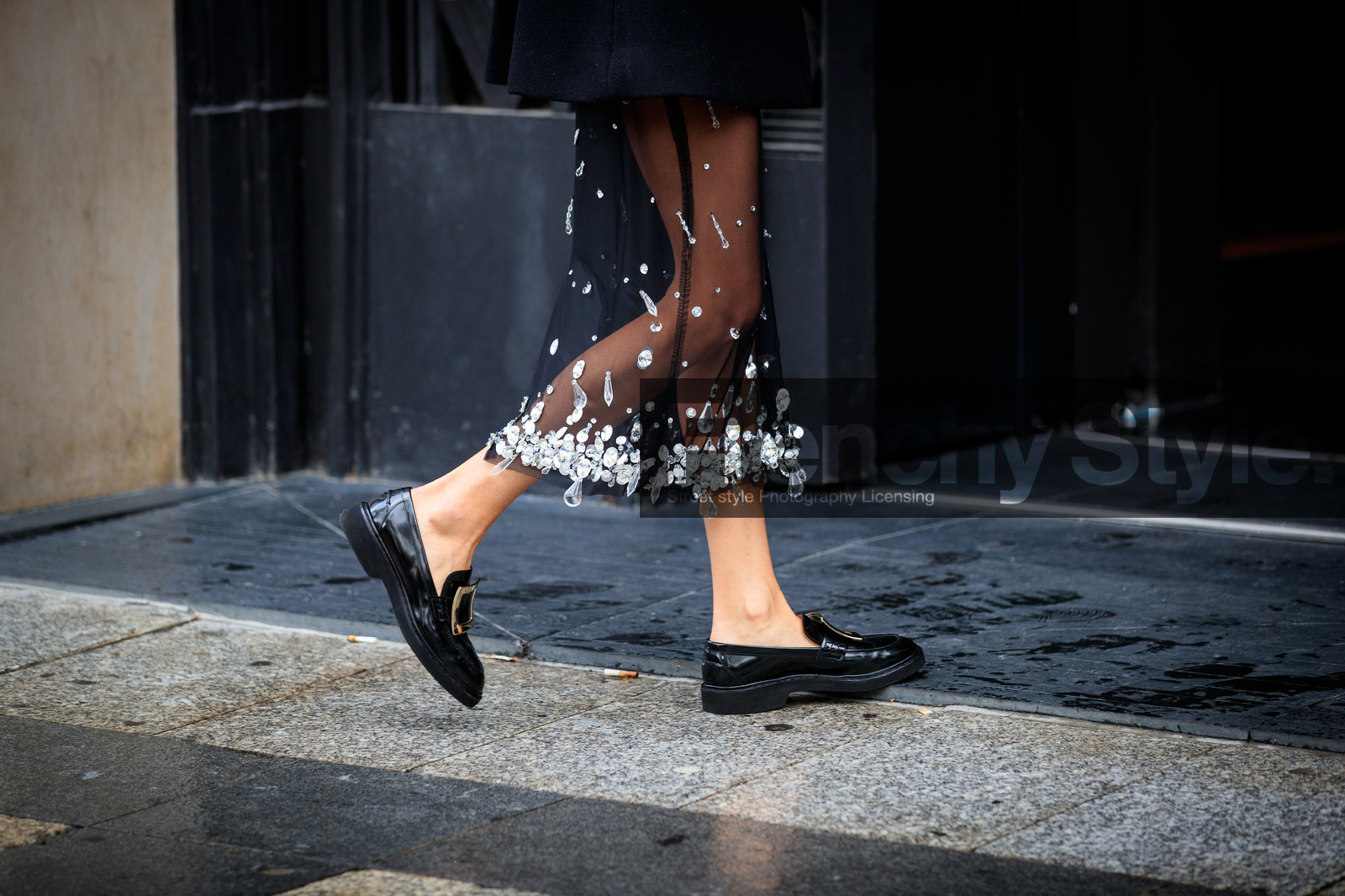 camille charriere, miu miu skirt, black leather loafers, black skirt, golden buckle shoes, roger vivier shoes, sheer skirt, long skirt, tulle skirt, strassed skirt, embroidered skirt, close up detail, shoes detail, sequins skirt, PARIS, PFW, fashion week, frenchystyle, FW, jonathan paciullo, street style, SPRING SUMMER 2021, SS 21, horizontal, atmosphere details, detail