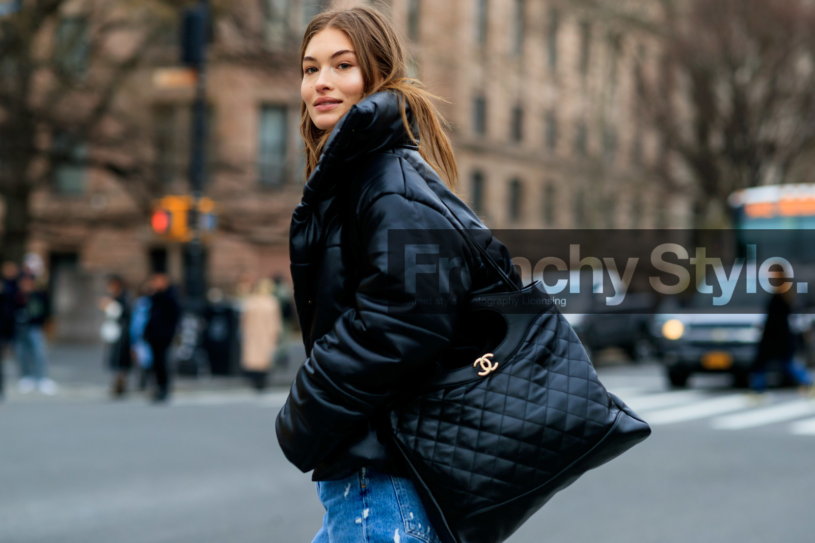 black bag, black jacket, blue denim, denim pants, down jacket, Grace Elizabeth, jeans, leather bag, model, trousers, street style, jonathan paciullo, frenchystyle, NYFW, NEW YORK, AUTUMN WINTER 2019-2020, AW 19-20, FALL WINTER 2019-2020, FW 19-20, FW, fashion week, atmosphere details, horizontal, detail