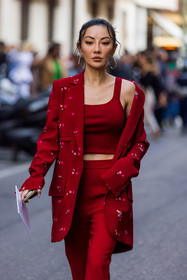 blazer, Jessica Wang, maxmara look, printed blazer, red blazer, red look, red monochrome, red pants, hoops, red suit, red top, silver earrings, silver hoops, fashion week, frenchystyle, FW, jonathan paciullo, street style, MFW, MILAN, SPRING SUMMER 2022, SS 22, vertical, atmosphere details, detail