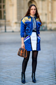 erika boldrin, louis vuitton skirt, louis vuitton jacket, louis vuitton shirt, louis vuitton bag, blue jacket, blue bombers, blue skirt, white skirt, yellow jacket, yellow bombers, striped skirt, brown leather bag, camel leather bag, hand bag, monogrammed bag, black shirt, white shirt, geometrical printed shirt, satin bombers, satin jacket, satin skirt, blue leather jacket, blue leather bombers, blue suede jacket, blue suede bombers, mini skirt, quilted jacket, quilted skirt, quilted bombers, printed bombers, printed jacket, black tights, black leather boots, low boots, multi buckle boots, fashion week, frenchystyle, FW, jonathan paciullo, street style, PFW, PARIS, vertical, full length