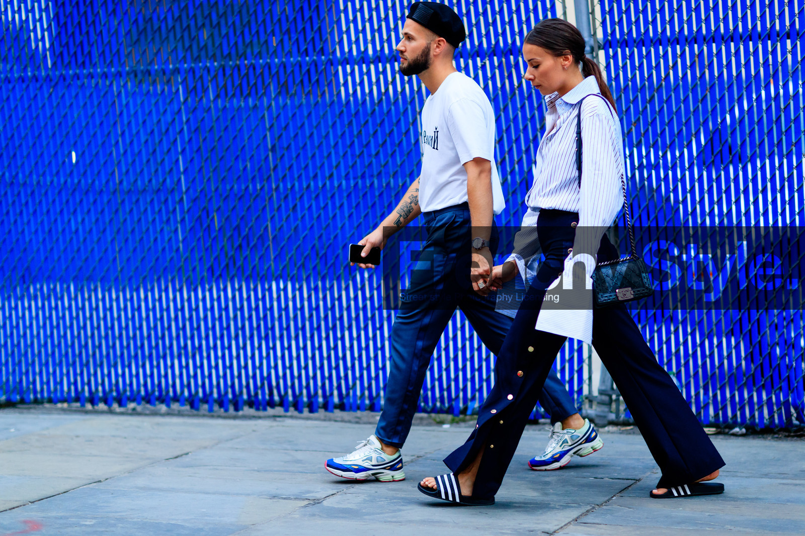 adidas, Alice & Js, atmosphere details, beret, black hat, black sandals, blue pants, blue sneakers, fashion week, frenchystyle, full length, FW, geometric, golden details, graphic shirt, horizontal, jonathan paciullo, men shirt, NEW YORK, NYFW, printed t shirt, SPRING SUMMER 2017, SS 17, street style, striped shirt, tattoos, trousers, white shirt, white t shirt, woman