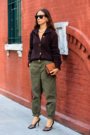black shoes, bottega veneta, brown bag, brown sweater, burberry, cardigan, erika boldrin, fishnet, green pants, high heels, leather shoes, necklace, sunglasses, trousers, street style, jonathan paciullo, FW, frenchystyle, fashion week, NEW YORK, NYFW, SPRING SUMMER 2020, SS 20, vertical, full length
