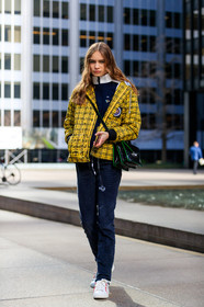 black bag, black pants, checked, corduroy, graphic jacket, headphones, leather bag, leather shoes, long hair, navy sweater, plaid, printed jacket, trousers, white shoes, white sneakers, yellow jacket, street style, jonathan paciullo, FW, frenchystyle, fashion week, NYFW, NEW YORK, AUTUMN WINTER 2018-2019, AW 18-19, FALL WINTER 2018-2019, FW 18-19, vertical, full length, model