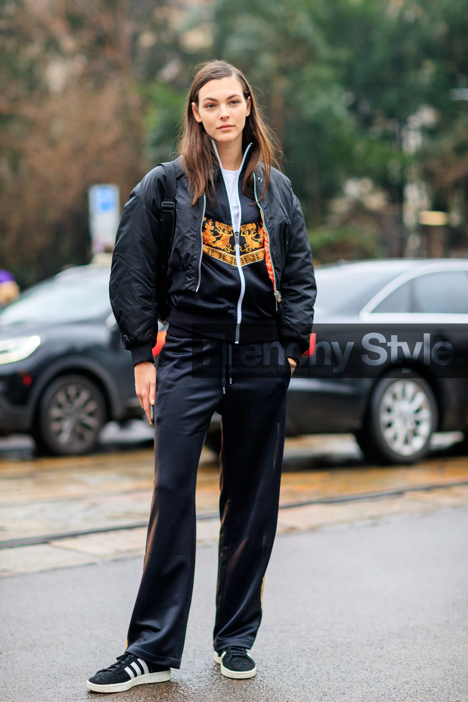 adidas, black jacket, black pants, black shoes, black sneakers, black sweater, bomber jacket, graphic jacket, leather shoes, printed jacket, printed sweater, sportswear, streetwear, sweatpants, trousers, zip, fashion week, frenchystyle, FW, jonathan paciullo, street style, MFW, MILAN, AUTUMN WINTER 2018-2019, FALL WINTER 2018-2019, FW 18-19, vertical, full length, model, vittoria cerretti