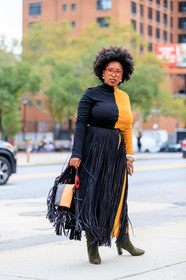 bicolor bag, black skirt, black top, fringes, green boots, high heels, leather shoes, orange top, suede shoes, sunglasses, street style, jonathan paciullo, FW, frenchystyle, fashion week, NEW YORK, NYFW, SPRING SUMMER 2020, SS 20, vertical, full length
