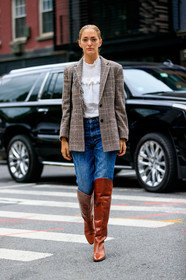 blazer, blue denim, brown boots, checked, denim pants, graphic jacket, grey jacket, high boots, high heels, houndstooth pattern, jeans, lace, leather shoes, plaid, printed jacket, ruffles, sofia sanchez barrenechea, sofia sanchez de betak, trousers, white shirt, street style, jonathan paciullo, FW, frenchystyle, fashion week, NEW YORK, NYFW, SPRING SUMMER 2020, SS 20, vertical, full length