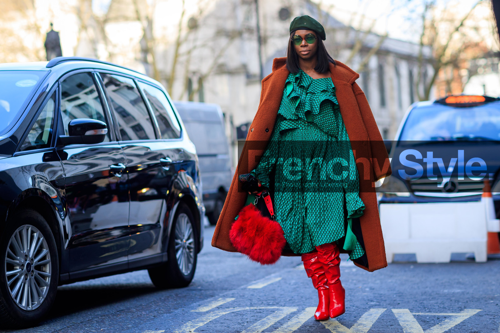 beret, brown coat, fur bag, graphic dress, green dress, green hat, high boots, high heels, leather bag, leather shoes, over the shoulder, printed dress, red bag, red boots, ruffles, sunglasses, varnished leather shoes, fashion week, frenchystyle, FW, jonathan paciullo, street style, LFW, LONDON, AUTUMN WINTER 2018-2019, AW 18-19, FALL WINTER 2018-2019, FW 18-19, horizontal, atmosphere details, full length