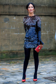 glitter, high heels, leather bag, leather shoes, red bag, red shoes, sequined dress, studs, tights, valentino, street style, jonathan paciullo, FW, frenchystyle, fashion week, PFW, PARIS, AUTUMN WINTER 2018-2019, FALL WINTER 2018-2019, FW 18-19, vertical, full length