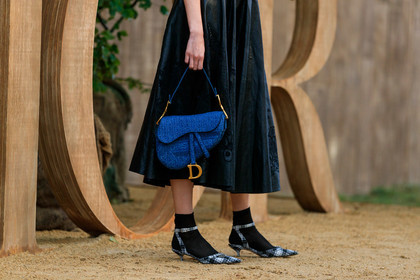 dior shoes, dior dress, dior bag, dior saddle bag, checked shoes, sling back shoes, kitten heels shoes, black and white shoes, black socks, black leather dress, long dress, monogrammed bag, blue bag, embroidered dress, openwork dress, fashion week, frenchystyle, FW, jonathan paciullo, street style, SPRING SUMMER 2020, SS 20, PFW, PARIS, horizontal, atmosphere details, detail