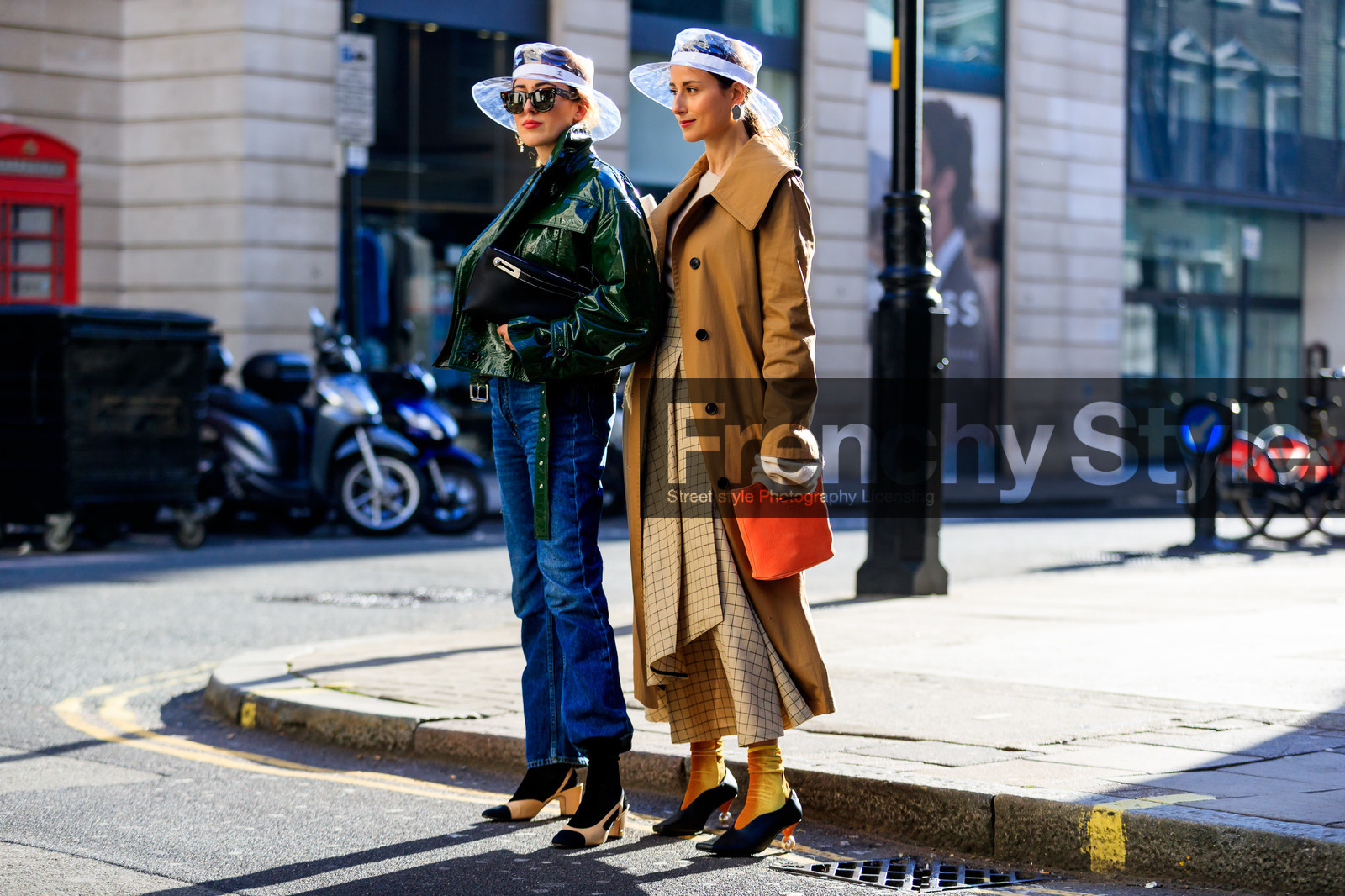 beige coat, beige shoes, black bag, black shoes, blue denim, chanel, checked, denim pants, graphic skirt, green jacket, hermès, high heels, jeans, leather bag, leather jacket, leather shoes, orange bag, plaid, printed skirt, sunglasses, transparent hat, trousers, street style, jonathan paciullo, FW, frenchystyle, fashion week, LFW, LONDON, AUTUMN WINTER 2018-2019, AW 18-19, FALL WINTER 2018-2019, FW 18-19, horizontal, atmosphere details, full length, julia haghjoo