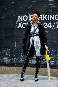 black jacket, black pants, black shoes, grey boots, high heels, leather shoes, model, paco rabanne, shiny jacket, short hair, silver jacket, trousers, umbrella, street style, jonathan paciullo, frenchystyle, NYFW, NEW YORK, AUTUMN WINTER 2019-2020, AW 19-20, FALL WINTER 2019-2020, FW 19-20, fashion week, FW, vertical, full length
