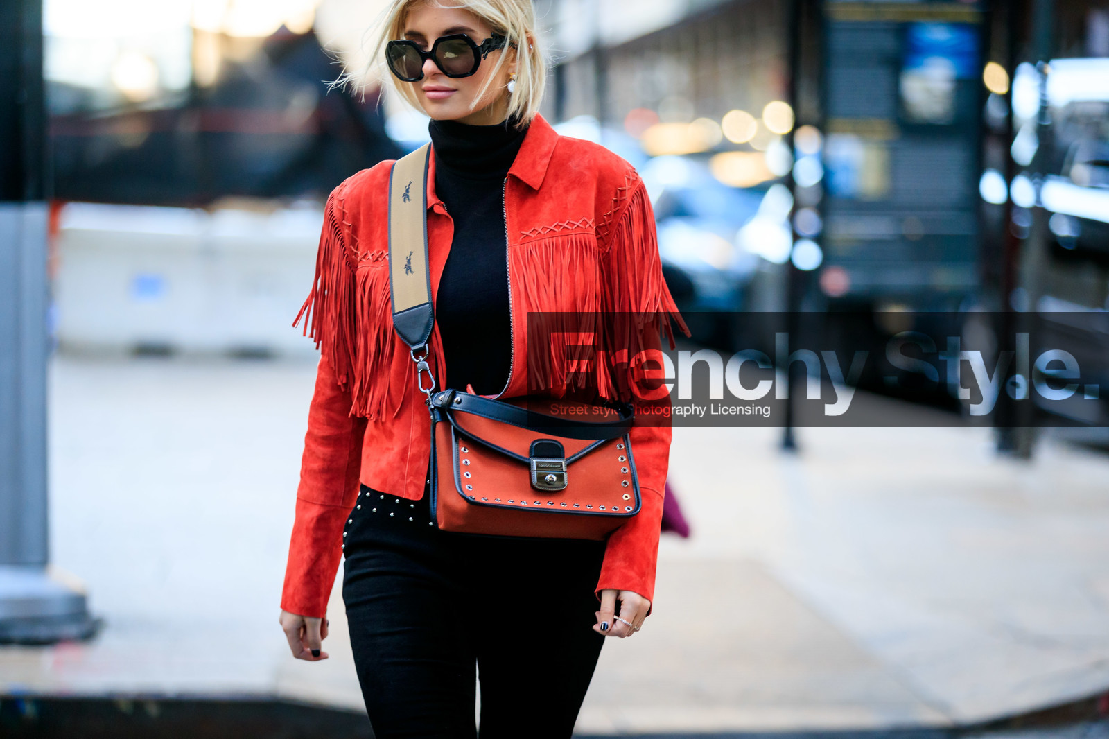 black pants, black turtleneck, fringes, graphic bag, leather bag, printed bag, red bag, red jacket, studs, sunglasses, trousers, xenia adonts, street style, jonathan paciullo, frenchystyle, NYFW, NEW YORK, AUTUMN WINTER 2019-2020, AW 19-20, FALL WINTER 2019-2020, FW 19-20, fashion week, FW, atmosphere details, horizontal, detail