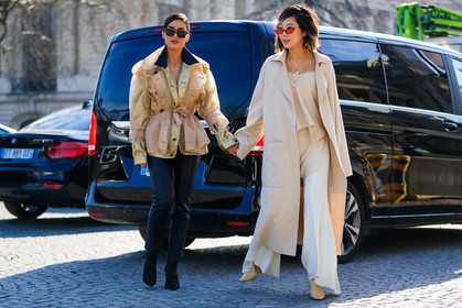 beige coat, beige shoes, beige top, black pants, black shoes, golden jacket, high heels, leather pants, leather shoes, pink jacket, rain jacket, see through, shiny jacket, sunglasses, trousers, white pants, street style, jonathan paciullo, FW, frenchystyle, fashion week, PFW, PARIS, AUTUMN WINTER 2018-2019, FALL WINTER 2018-2019, FW 18-19, horizontal, atmosphere details, full length, camila coelho, aimee song