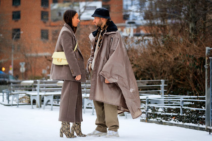 alice & j.s, animal print, beige boots, beige coat, beige pants, beige sweater, black hat, blazer, brown jacket, brown pan, brown pants, brown scarf, brown suit, bucket hat, fendi, high heels, leather shoes, monogram, printed scarf, snake print, trousers, white sneakers, yellow sweater, street style, jonathan paciullo, frenchystyle, NYFW, NEW YORK, AUTUMN WINTER 2019-2020, AW 19-20, FALL WINTER 2019-2020, FW 19-20, FW, fashion week, atmosphere details, horizontal, full length