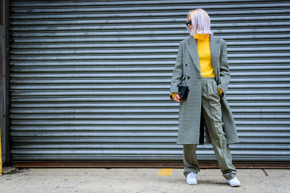 black and white, black bag, checked, graphic jacket, grey pants, houndstooth pattern, leather bag, leather shoes, plaid, printed jacket, sunglasses, trousers, white shoes, yellow sweater, street style, jonathan paciullo, FW, frenchystyle, fashion week, NYFW, NEW YORK, AUTUMN WINTER 2018-2019, AW 18-19, FALL WINTER 2018-2019, FW 18-19, atmosphere details, horizontal, full length, irene kim