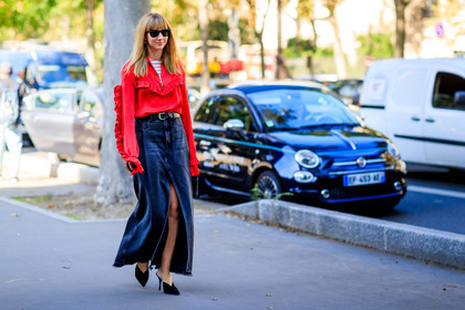 atmosphere details, black bag, black belt, black shoes, blue denim, denim skirt, fashion week, frenchystyle, full length, FW, horizontal, jonathan paciullo, leather bag, leather belt, leather shoes, lisa aiken, long skirt, PARIS, PFW, red sweater, ruffle, SPRING SUMMER 2017, SS 17, street style, sunglasses