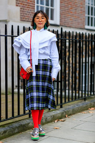 checked, constance bag, earrings, graphic skirt, hermès, leather bag, leather shoes, plaid, pleats, prada, printed skirt, red bag, red socks, silver shoes, tartan, white shirt, street style, jonathan paciullo, FW, frenchystyle, fashion week, LFW, LONDON, AUTUMN WINTER 2018-2019, AW 18-19, FALL WINTER 2018-2019, FW 18-19, vertical, full length