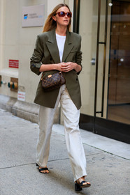 black shoes, brown bag, graphic bag, green jacket, high heels, leather bag, leather shoes, louis vuitton, monogram, printed bag, sunglasses, trousers, white pants, white t shirt, street style, jonathan paciullo, FW, frenchystyle, fashion week, NEW YORK, NYFW, SPRING SUMMER 2020, SS 20, vertical, full length