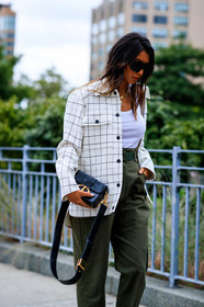 black bag, checked, christian dior, graphic jacket, green pants, leather bag, necklace, plaid, printed jacket, printed shirt, sunglasses, trousers, white shirt, white tank top, fashion week, frenchystyle, FW, jonathan paciullo, street style, NEW YORK, NYFW, SPRING SUMMER 2020, SS 20, vertical, detail, atmosphere details
