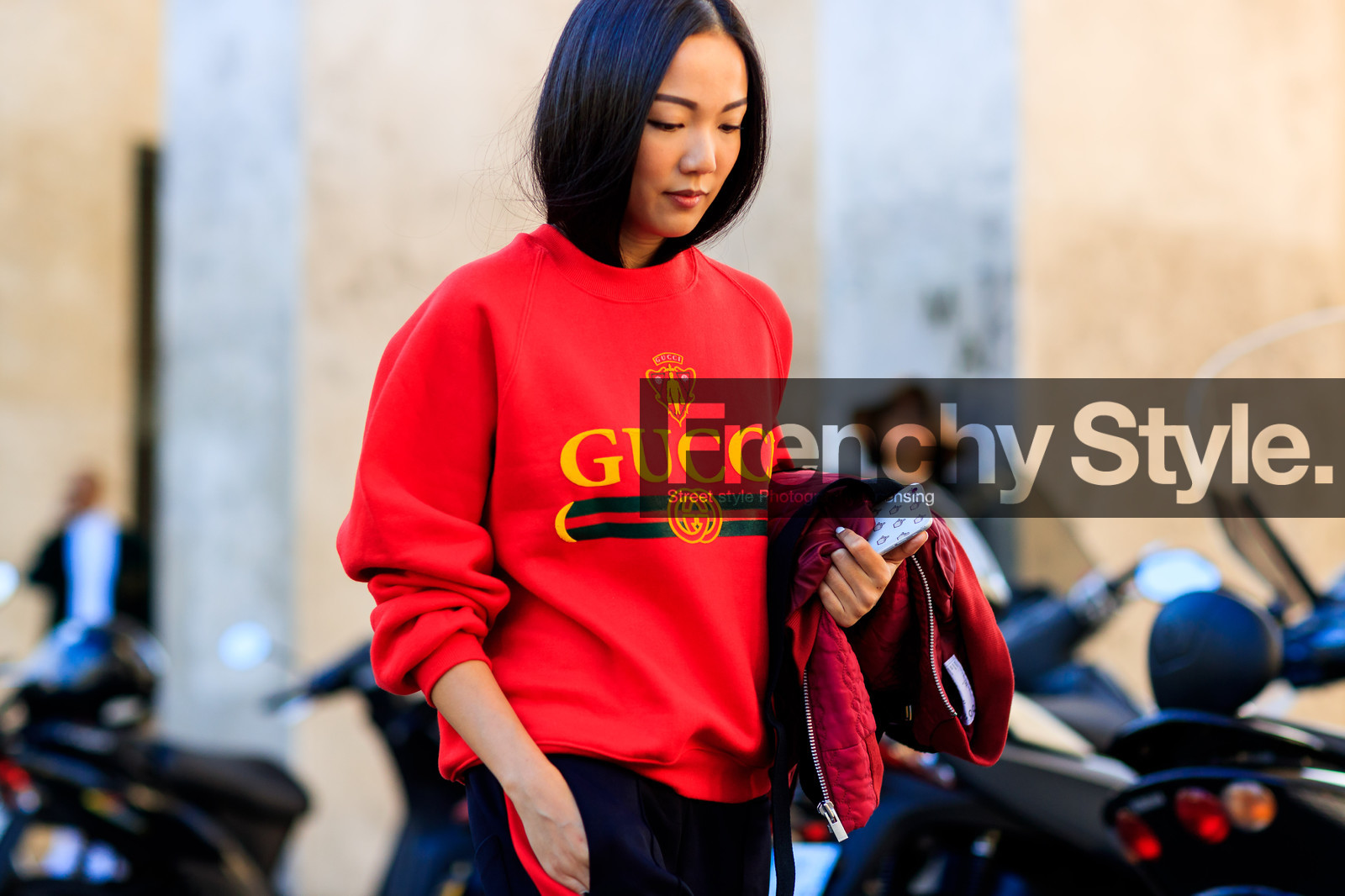 atmosphere details, black pants, detail, fashion week, frenchystyle, FW, gucci, horizontal, jonathan paciullo, PARIS, PFW, printed sweater, red jacket, red sweater, SPRING SUMMER 2017, SS 17, street style, yoyo cao