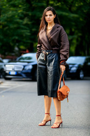 doina ciobanu, brown jacket, brown shirt, silk shirt, silk jacket, silk belt, brown belt, black leather shorts, black leather bermuda shorts, camel suede bag, tods bag, red leather sandals, multi straps sandals, fashion week, frenchystyle, FW, jonathan paciullo, street style, vertical, full length, MFW, MILAN, SPRING SUMMER 2020, SS 20