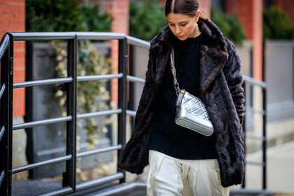 black sweater, brown fur, brown jacket, chanel handbag, fur jacket, leather bag, silver bag, white pants, street style, jonathan paciullo, FW, frenchystyle, fashion week, NYFW, NEW YORK, AUTUMN WINTER 2018-2019, AW 18-19, FALL WINTER 2018-2019, FW 18-19, atmosphere details, horizontal, detail