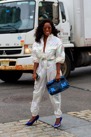 balenciaga, blue bag, blue shoes, graphic bag, graphic shoes, high heels, leather bag, leather shoes, printed bag, printed shoes, sunglasses, trousers, white jumpsuit, fashion week, frenchystyle, FW, jonathan paciullo, street style, NEW YORK, NYFW, SPRING SUMMER 2020, SS 20, vertical, full length