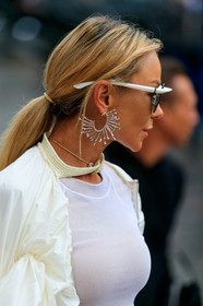 white sunglasses, white top, white jacket, balloon sleeves, technical fabric top, silvered earrings, diamond earrings, hoop earrings, big earrings, close up detail, fashion week, frenchystyle, FW, jonathan paciullo, street style, SPRING SUMMER 2020, SS 20, PFW, PARIS, vertical, atmosphere details, detail