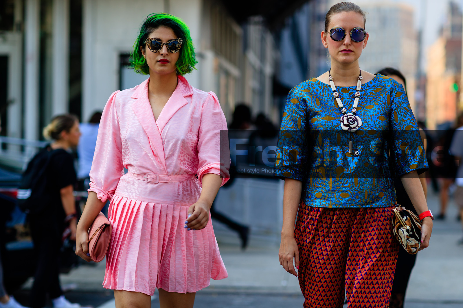 animal print, atmosphere details, blue top, detail, dyed hair, emerald, fashion week, frenchystyle, fuschia, FW, green shoes, horizontal, jonathan paciullo, leather shoes, necklace, NEW YORK, NYFW, pink dress, pleated dress, Preetma Singh, printed clutch, printed pants, printed top, red pants, SPRING SUMMER 2017, SS 17, street style, sunglasses, trousers, woman