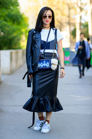 adidas, black and white, black bra, black jacket, black perfecto, black skirt, black top, blue bag, choker, crop top, fashion week, fluffy bag, frenchystyle, full length, FW, jonathan paciullo, leather bag, leather jacket, leather perfecto, leather shoes, leather skirt, necklace, over the shoulder, PARIS, PFW, red lips, SPRING SUMMER 2017, SS 17, street style, sunglasses, superstar sneakers, vertical, white fur, white sneakers, white t shirt