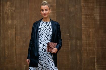 dior bag, dior earrings, black leather jacket, burgundy bag, monogrammed bag, white dress, polka dots dress, hoop earrings, golden earrings, fashion week, frenchystyle, FW, jonathan paciullo, street style, SPRING SUMMER 2020, SS 20, PFW, PARIS, horizontal, atmosphere details, detail