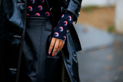 close up detail, monogrammed top, nails details, black top, black leather pants, marine serre top, fashion week, frenchystyle, FW, jonathan paciullo, street style, SPRING SUMMER 2020, SS 20, PFW, PARIS, horizontal, atmosphere details, detail