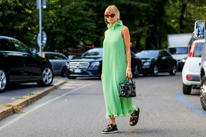 xnenia adonts, black sunglasses, butterfly sunglasses, ruffle dress, pleated dress, sleeveless dress, hoop earrings, tods bag, black leather bag, animal skin bag, hand bag, black leather sandals, multi buckle sandals, multi straps sandals, flat sandals, fashion week, frenchystyle, FW, jonathan paciullo, street style, horizontal, atmosphere details, full length, MFW, MILAN, SPRING SUMMER 2020, SS 20