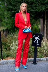 blue bag, blue shoes, bottega veneta, high heels, leather shoes, leonie hanne, necklace, red jacket, red pants, red suit, trousers, street style, jonathan paciullo, FW, frenchystyle, fashion week, NEW YORK, NYFW, SPRING SUMMER 2020, SS 20, vertical, full length