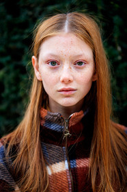 brown jacket, checked, freckles, graphic jacket, natural, plaid, printed jacket, red head, skincare, street style, jonathan paciullo, FW, frenchystyle, fashion week, PFW, PARIS, AUTUMN WINTER 2018-2019, FALL WINTER 2018-2019, FW 18-19, vertical, atmosphere details, portrait, model