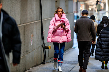 blue denim, calvin klein, denim pants, down jacket, jeans, leather shoes, pink jacket, trousers, white boots, street style, jonathan paciullo, frenchystyle, NYFW, NEW YORK, AUTUMN WINTER 2019-2020, AW 19-20, FALL WINTER 2019-2020, FW 19-20, FW, fashion week, atmosphere details, horizontal, full length
