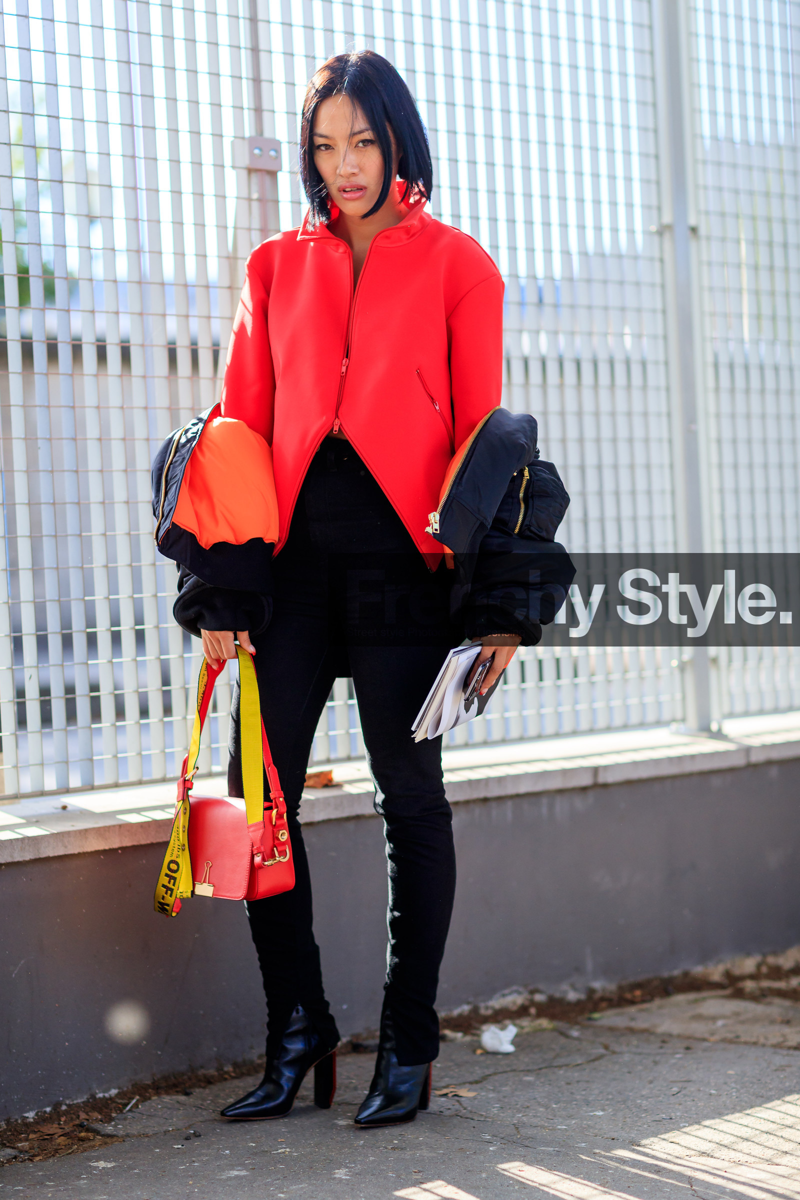 black denim, black jacket, black pants, bomber jacket, fashion week, frenchystyle, full length, FW, high heels, jonathan paciullo, leather bag, leather shoes, off the shoulder, off white, PARIS, PFW, red bag, red sweater, SPRING SUMMER 2017, SS 17, street style, tiffany hsu, trousers, vertical, vêtements