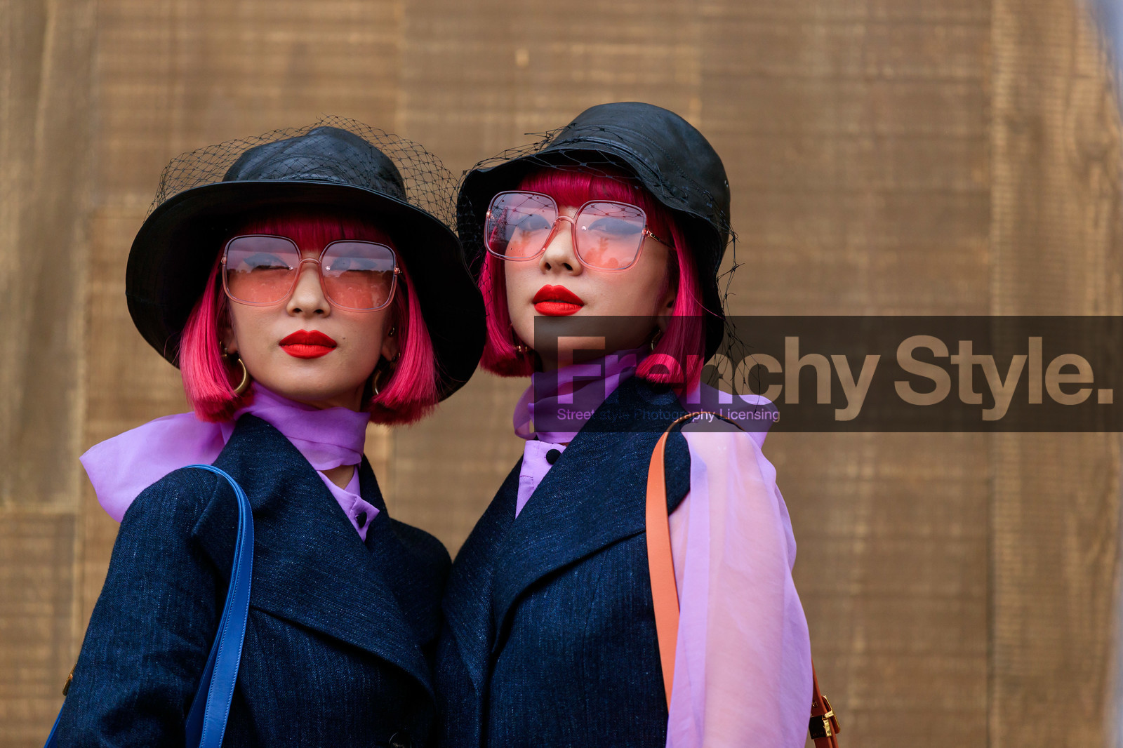 Ami and Aya Suzuki, pink hair, dyed hair, black hat, tulle hat, tulle details, pink sunglasses, square shape glasses, lilac blouse, lavalliere collar, dark grey jacket, sleeveless jacket, close up detail, shoulder bag, prada boots, plumetis skirt, pleated skirt, nude skirt, mini bag, long skirt, light blue leather bag, dior skirt, fashion week, frenchystyle, FW, jonathan paciullo, street style, SPRING SUMMER 2020, SS 20, PFW, PARIS, horizontal, atmosphere details, detail