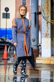 black shoes, brown belt, cowboy boots, graphic jacket, grey coat, high heels, leather bag, leather belt, leather shoes, orange, printed jacket, sunglasses, white bag, street style, jonathan paciullo, FW, frenchystyle, fashion week, NYFW, NEW YORK, AUTUMN WINTER 2018-2019, AW 18-19, FALL WINTER 2018-2019, FW 18-19, vertical, full length, Annabel Rosendahl