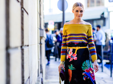atmosphere details, black skirt, detail, fashion week, floral, flower, frenchystyle, FW, graphic sweater, horizontal, jonathan paciullo, leather bag, olivia palermo, PARIS, PFW, printed skirt, printed sweater, SPRING SUMMER 2017, SS 17, street style, striped sweater, stripes, valentino, yellow belt, yellow sweater