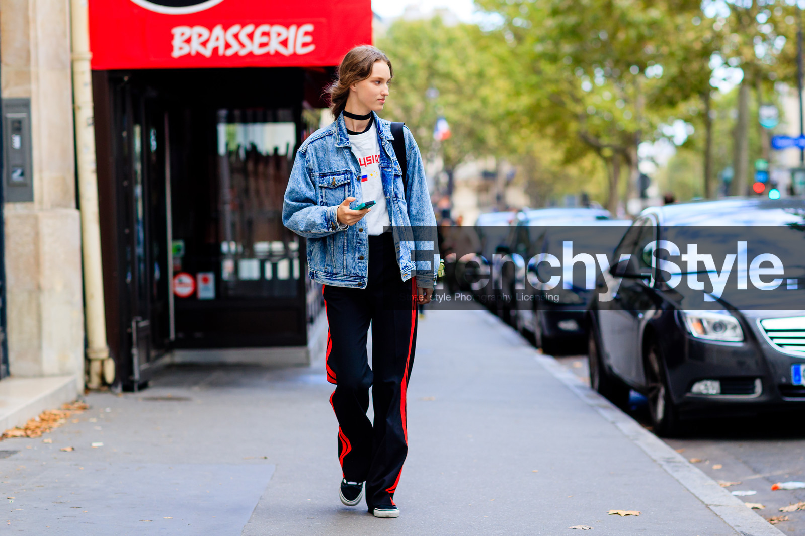 atmosphere details, black pants, blue denim, choker, denim jacket, fashion week, frenchystyle, full length, FW, gosha rubchinskiy, horizontal, jonathan paciullo, leather shoes, liza ostanina, model, necklace, PARIS, PFW, printed t shirt, SPRING SUMMER 2017, SS 17, street style, striped pants, trousers, white t shirt