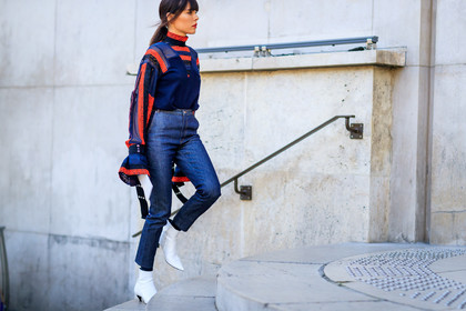 atmosphere details, blue denim, denim pants, detail, Evangelie Smyrniotaki, fashion week, frenchystyle, FW, geometric, graphic shirt, horizontal, jeans, jonathan paciullo, leather shoes, navy shirt, PARIS, PFW, printed shirt, sacai, silk shirt, SPRING SUMMER 2017, SS 17, street style, striped shirt, stripes, trousers, white boots