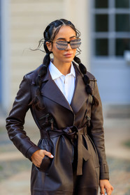 tamara kalinic, louis vuitton sunglasses, mirror sunglasses, hair details, white shirt, brown leather coat, brown leather dress, brown leather jacket, jacket dress, brown leather perfecto, fashion week, frenchystyle, FW, jonathan paciullo, street style, vertical, atmosphere details, detail, MFW, MILAN, SPRING SUMMER 2020, SS 20