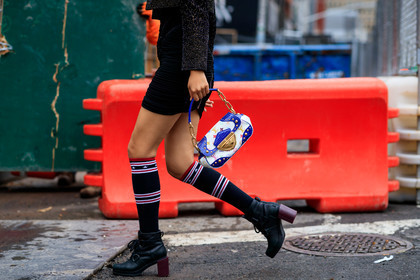 black dress, black shoes, black socks, blue bag, graphic bag, high heels, high socks, leather bag, leather shoes, louis vuitton, monogram, printed bag, white bag, fashion week, frenchystyle, FW, jonathan paciullo, street style, NEW YORK, NYFW, SPRING SUMMER 2020, SS 20, horizontal, atmosphere details, detail